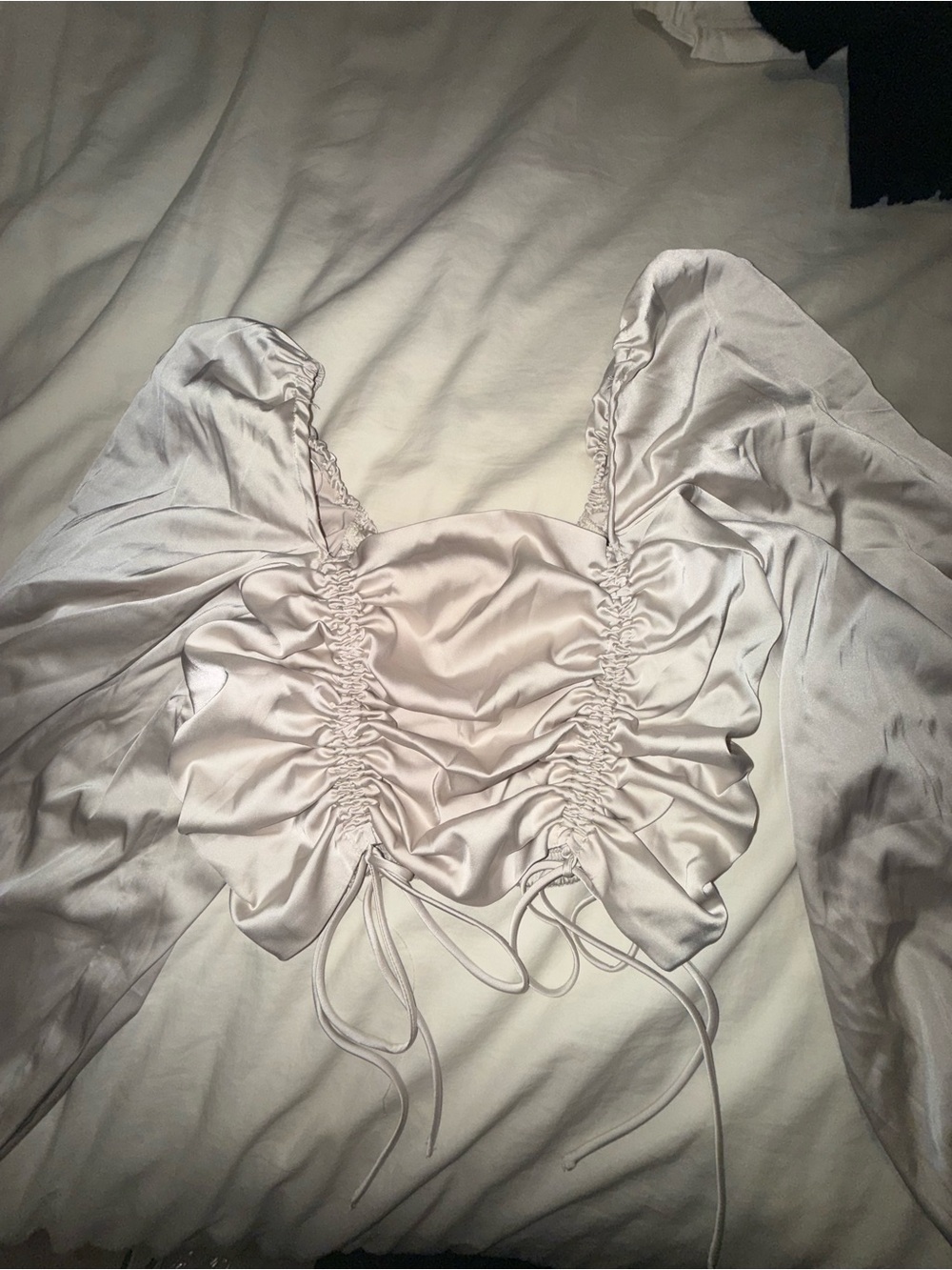 Ruched Satin Long Sleeve Crop Top in Beige